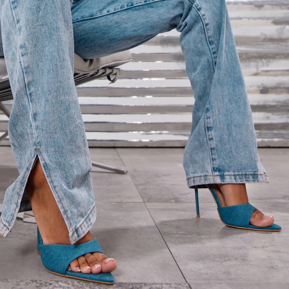 Prettylitlething Denim Heel Mule Sandals casual classic summer party style